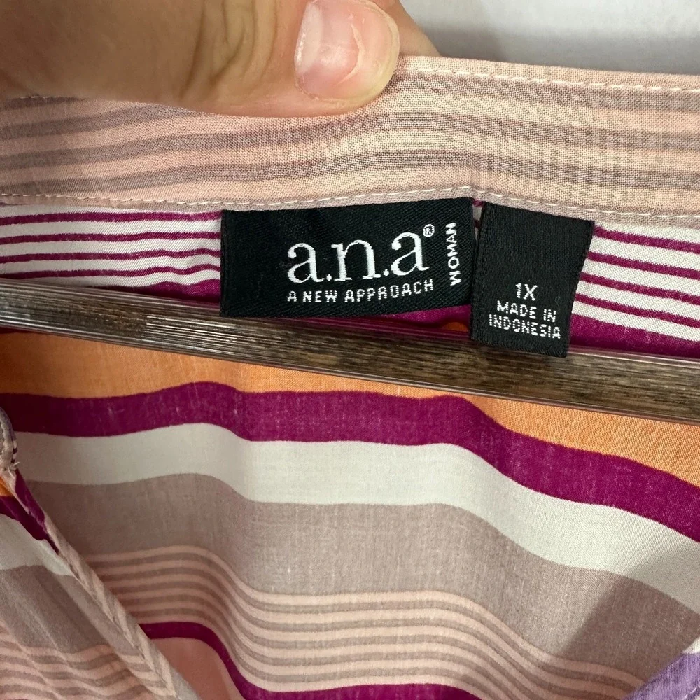 a.n.a Striped Blouse 1X  Boho V Neck 3/4 Sleeve Smocked Hem Retro Artsy Festival